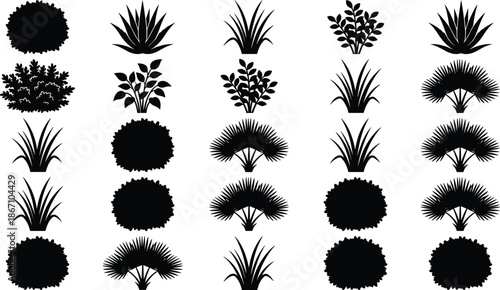 Plant and bush silhouette icon collection, garden grass shrubs foliage shapes, landscaping botanical elements, black vector symbols set