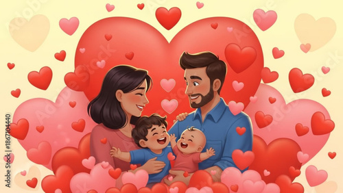 Happy family with two children surrounded by hearts celebrating love and togetherness perfect for Valentines Day or family themes