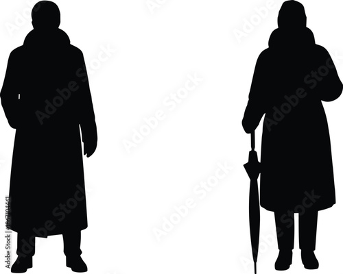 People silhouette standing in winter coat, man and woman holding umbrella, cold weather fashion concept, black vector illustration