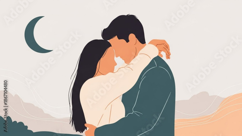 Couple embracing under the moon romantic illustration of love and connection serene night landscape background