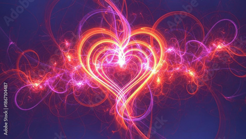 Glowing heart shape with abstract energy lines representing love and passion digital art for Valentines Day or healthcare concepts