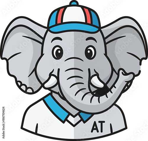 Cartoon Elephant Character Wearing a Baseball Cap and Shirt.