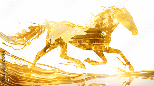Majestic Golden Horse Running Illustration for 2026 Chinese New Year Zodiac Art