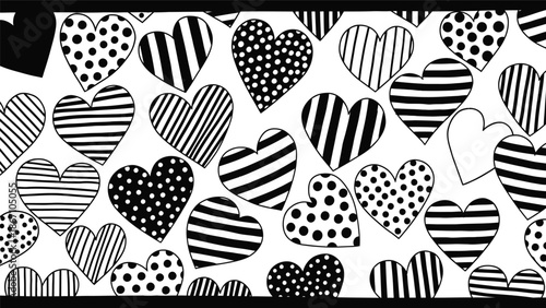 Black and white heart pattern with stripes and polka dots