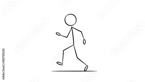 Stick Figure Person Running or Walking Happily, Isolated White Background