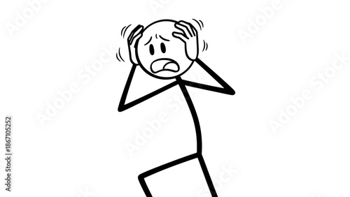 Panicked Stick Man Holding Head with Shocked Expression on Isolated White Background, Stressed and Fearful