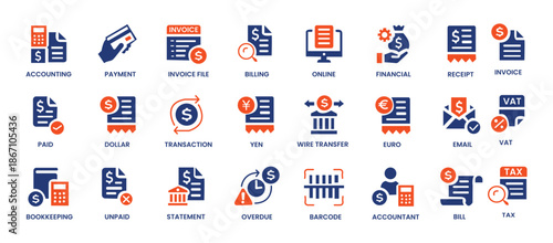 Invoice icon set. Containing receipt, bill, tax, paid, statement, accounting, transaction, barcode, financial and more. Solid vector icons collection.