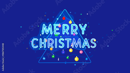 Merry christmas neon sign with christmas tree outline and colorful ornaments on a dark blue background