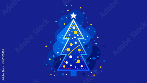 Stylized christmas tree with star and ornaments on dark blue background with festive decorations around it