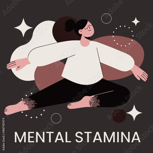 Illustration of a woman meditating with the words MENTAL STAMINA, promoting mental well-being and resilience