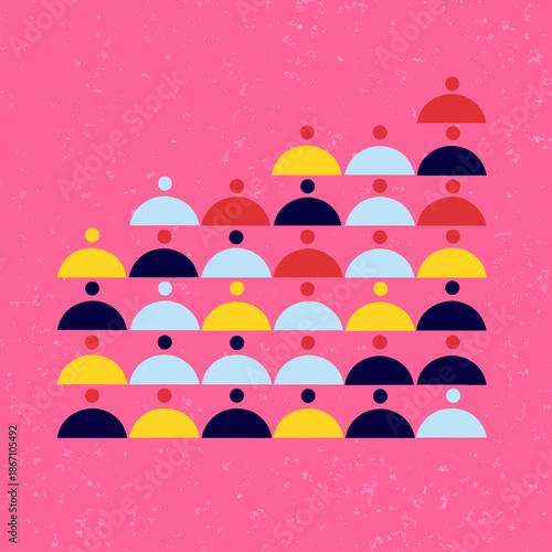 Abstract representation of a growing crowd or data set forming a pyramid shape on a textured pink background