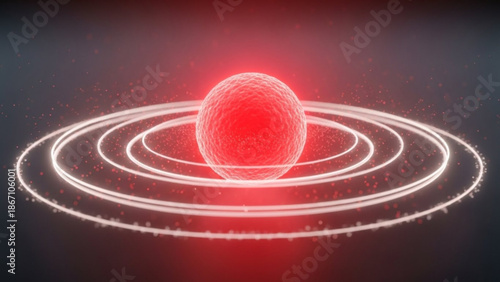 A vibrant red glowing orb surrounded by concentric white rings on a dark background with a subtle gradient effect