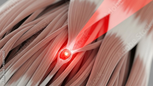 A detailed illustration of a red laser beam interacting with a bundle of thin gray fibers or cables in a scientific or technological context with a glowing effect