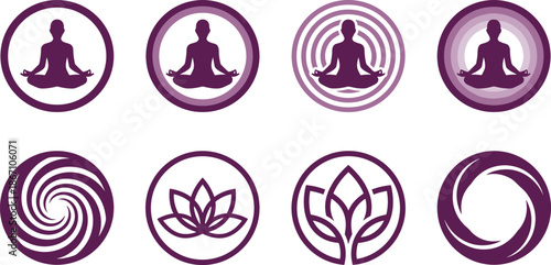 Meditation yoga icon set, spiritual wellness mindfulness lotus symbols calming energy balance harmony purple circular vector design