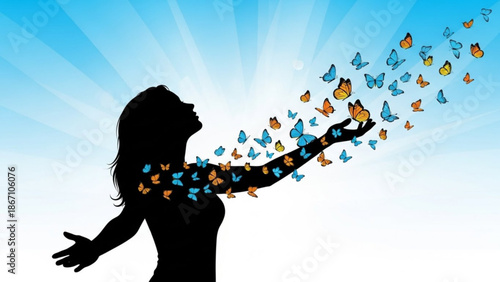 Silhouette of a woman releasing butterflies symbolizing freedom and new beginnings against a bright blue sky with sun rays