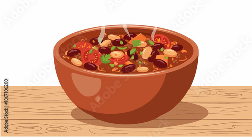 Steaming bowl of chili with beans and tomatoes on wooden table