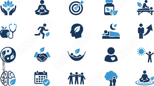Healthy lifestyle wellness icon set, fitness meditation nutrition mental health self care nature balance healthcare symbols flat vector