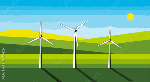 Wind turbines generating clean energy in a green landscape