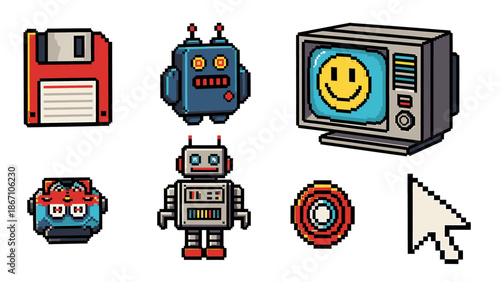 A delightful compilation of retro tech and robotic characters rendered in classic pixel art style
