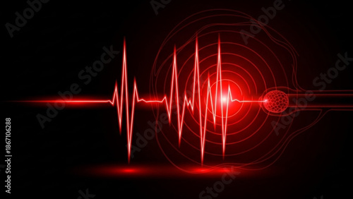 A vibrant red ecg heartbeat line with glowing effect on a dark background with concentric circles
