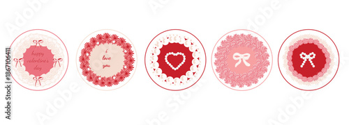 valentine's day circle cakes with text in red and pink cake on white background.