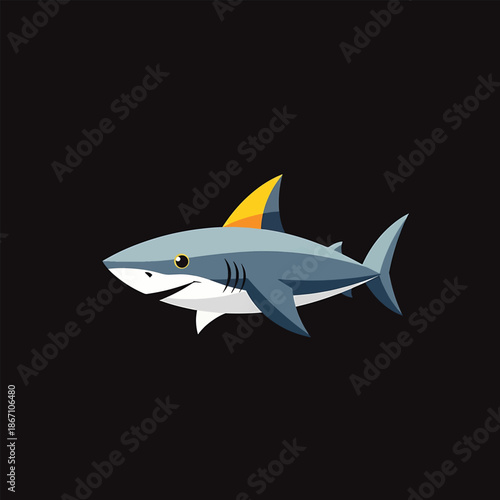 Cartoon Shark with Yellow Fin Swimming in Dark Ocean.