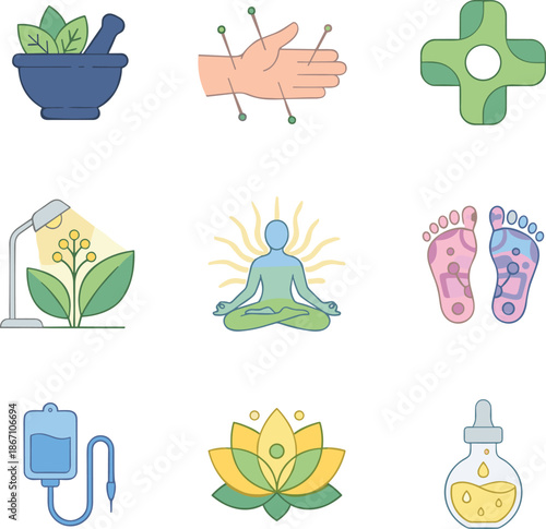 Wellness and alternative medicine icon set acupuncture yoga herbal therapy meditation holistic health natural healing lifestyle care