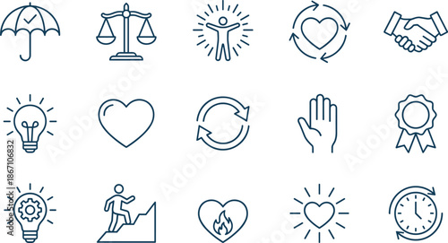 Ethical values line icon set trust justice compassion sustainability responsibility teamwork innovation protection approval growth love safety quality transparency commitment