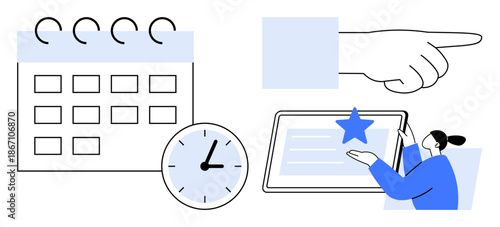 Time management, productivity, task scheduling, digital tools, goal planning, workflow optimization. Visual elements include a calendar, clock pointing hand and tablet with a user. Time management