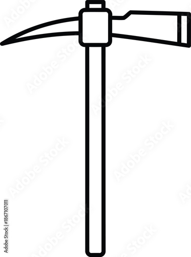 A clean black and white outline drawing of a classic pickaxe tool used for construction and landscaping work