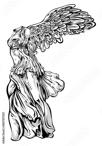 Winged Victory of Samothrace, the famous marble sculpture. hand drawn illustration