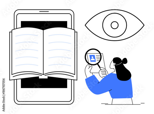 Data research concept. Visual elements include a mobile device, open book, and magnifying glass to highlight data insights. Data research supports education, user analysis, and technology trends