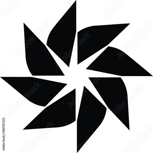 An abstract black and white geometric design resembling a spinning pinwheel or star logo.