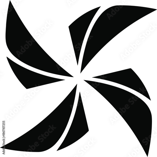 A minimalistic black and white geometric pattern featuring a four-bladed pinwheel design