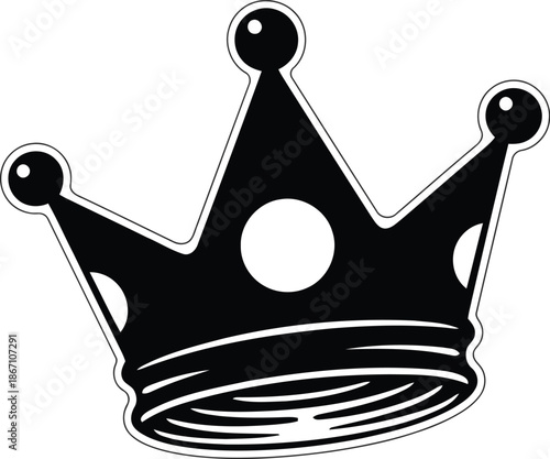 A stylized black and white illustration of a royal crown representing power and victory