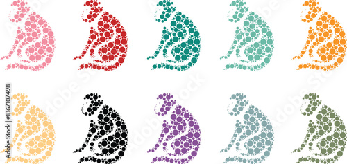 Colorful monkey silhouettes composed of circles, Monkey animal dot style silhouette set