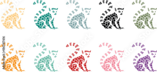 Lemur silhouettes made from circles, Primate animal silhouettes dot pattern style