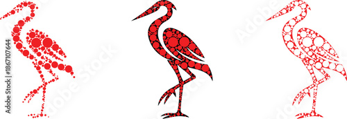 Red circle mosaic heron silhouettes wildlife, Bird heron silhouette made of circular shapes