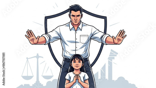 Father protecting child with shield concept of security and safety illustration for family care and legal protection