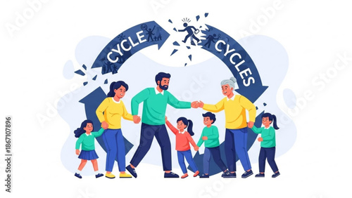 Generations of a family holding hands in a cycle representing life stages and continuity flat vector illustration