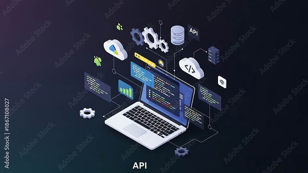 Naklejka premium Digitaltechnologyconceptwithapiintegrationandcloudcomputing