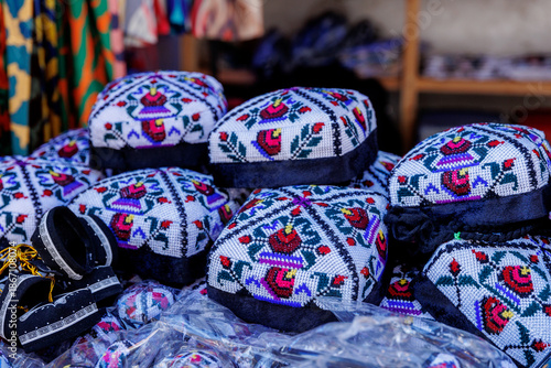 Konstfotografi A traditional Uzbek tubeteika hat, decorated with multicolored embroidery