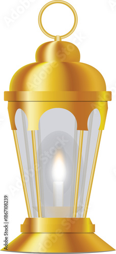 Golden lantern with glass panels and lit candle light