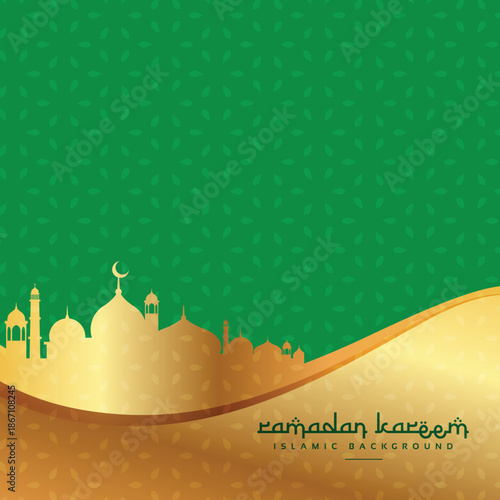 Green and gold Islamic cityscape background with mosque silhouettes