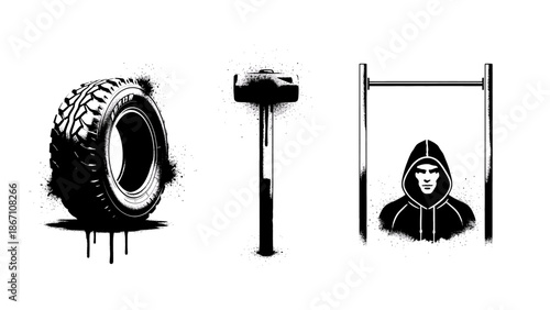 Set of powerful grunge icons tire, sledgehammer, and determined hooded athlete on pull-up bar for fitness themes