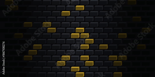 3D Isometric Interlocking Tech Wall with Opaque Gold and Steel Metallic Blocks