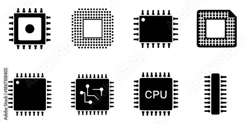 Collection of black and white electronic microchip with pins processor