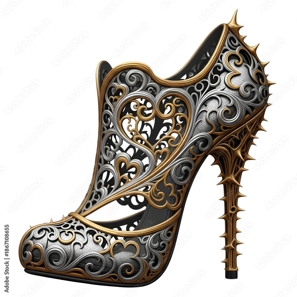 Naklejka premium Gothic Gold and Silver Filigree High Heel Bootie with Thorns and Spikes