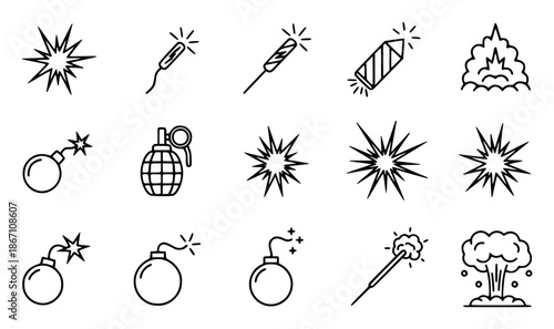 Collection of black line depicting explosions fireworks and bombs grenade sparkler