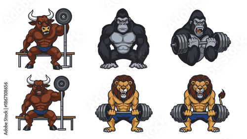 Set of Strong Anthropomorphic Animals Lifting Weights in Gym